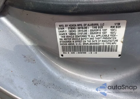 2008 Honda Odyssey Ex z USA, uszkodzony, nr VIN 5FNRL384X8B031115